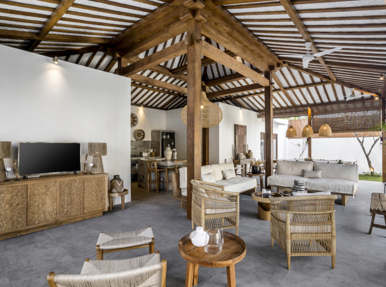 The outdoor traditional modern living room, walking distance to Seminyak beach, only at Cocotier Seminyak Villa Bali